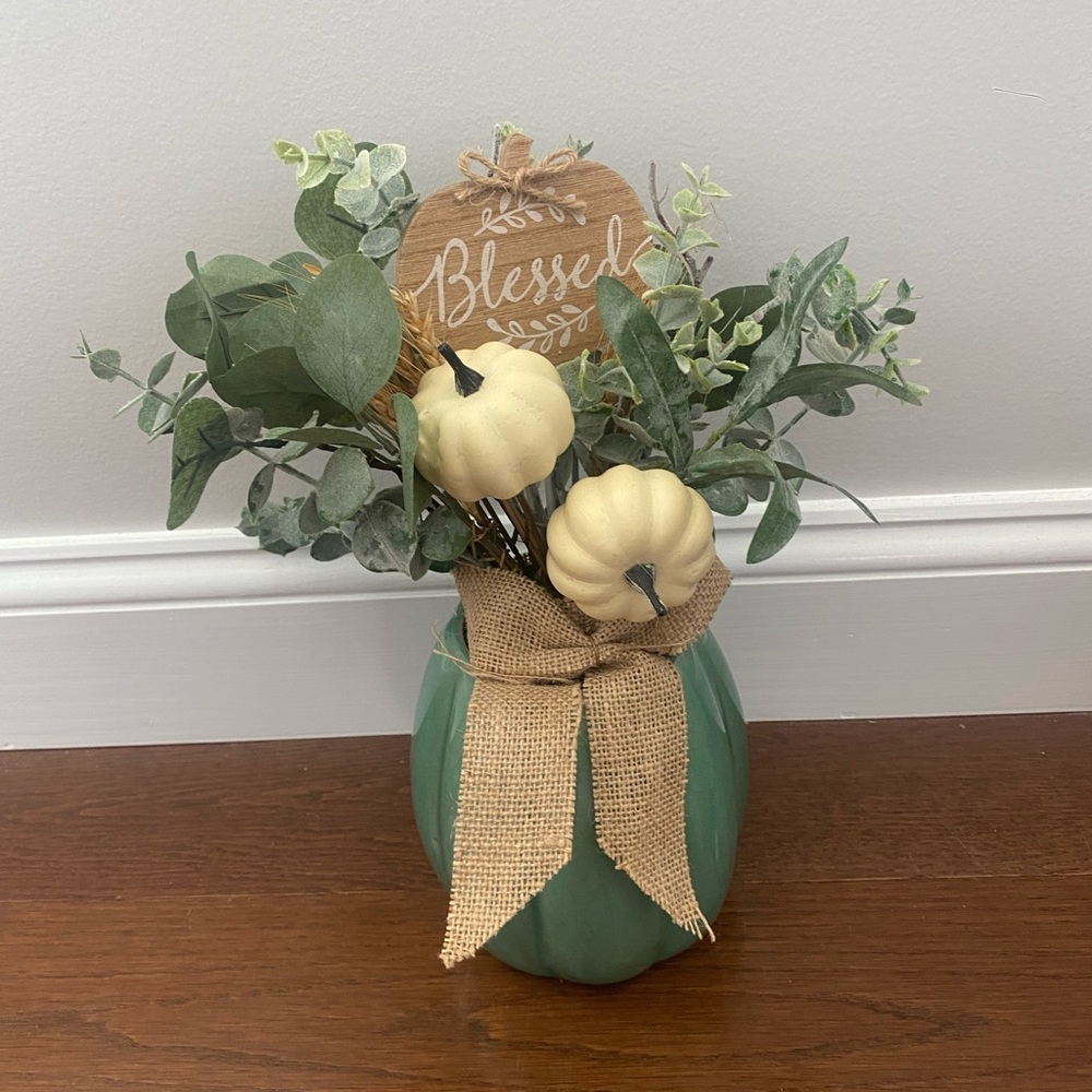 Green ceramic Vase with Cream Pumpkins and Greenery
